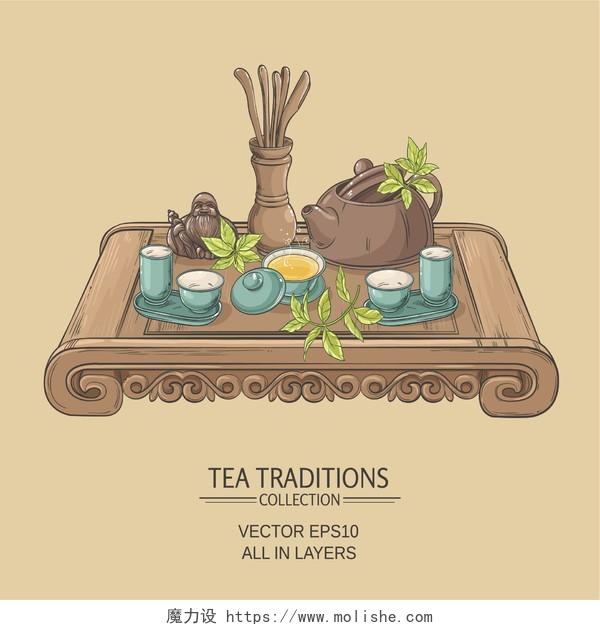 茶具茶杯茶壶茶文化卡通茶杯茶壶桌子素材